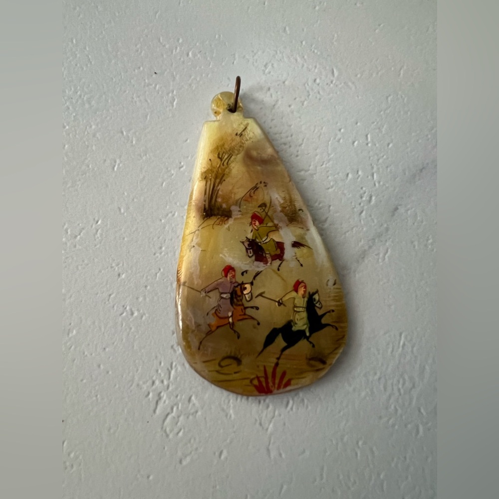 Antique Pendant Persian jewelry  hand painted scene mother of pearl